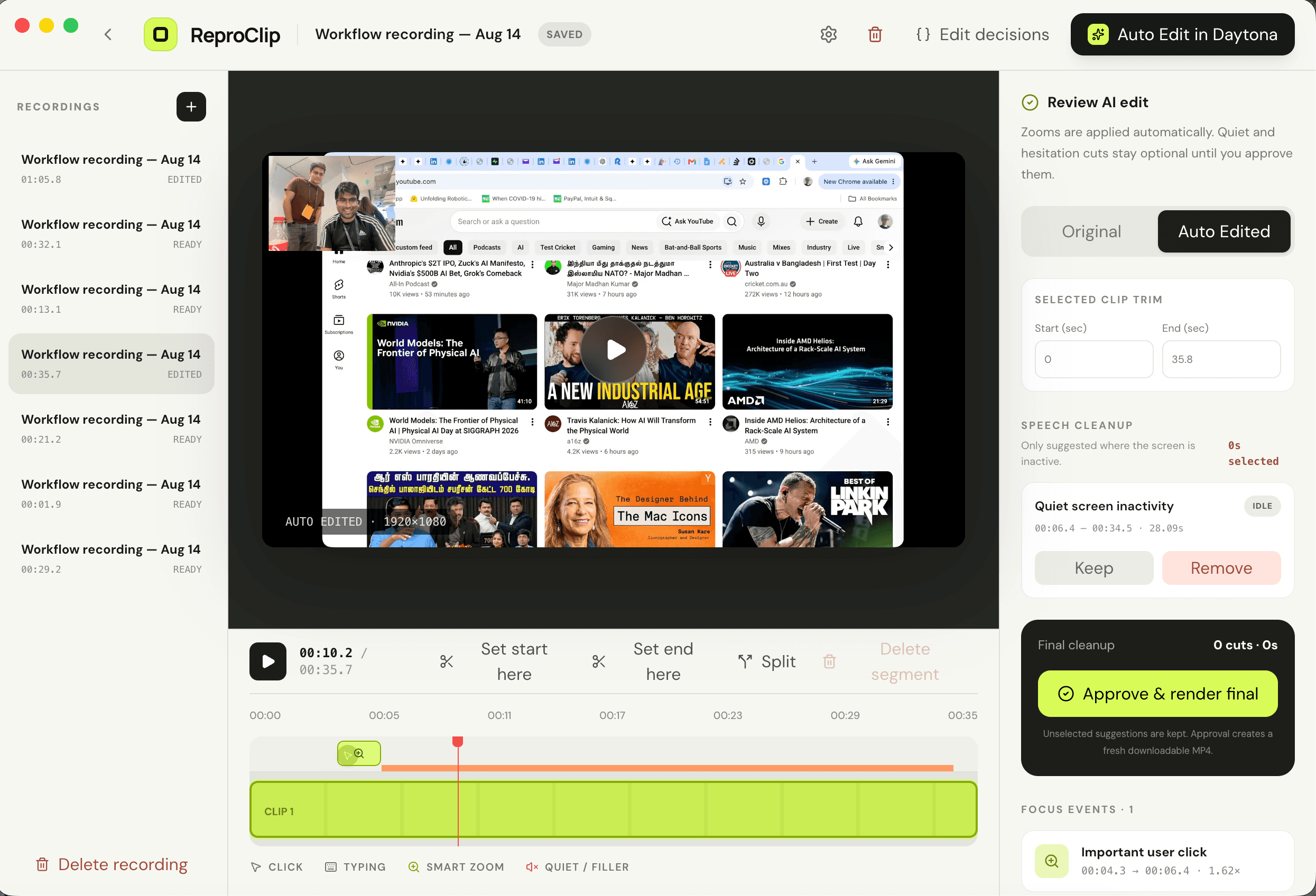 Earlier editor showing AI zooms and a recorded product walkthrough