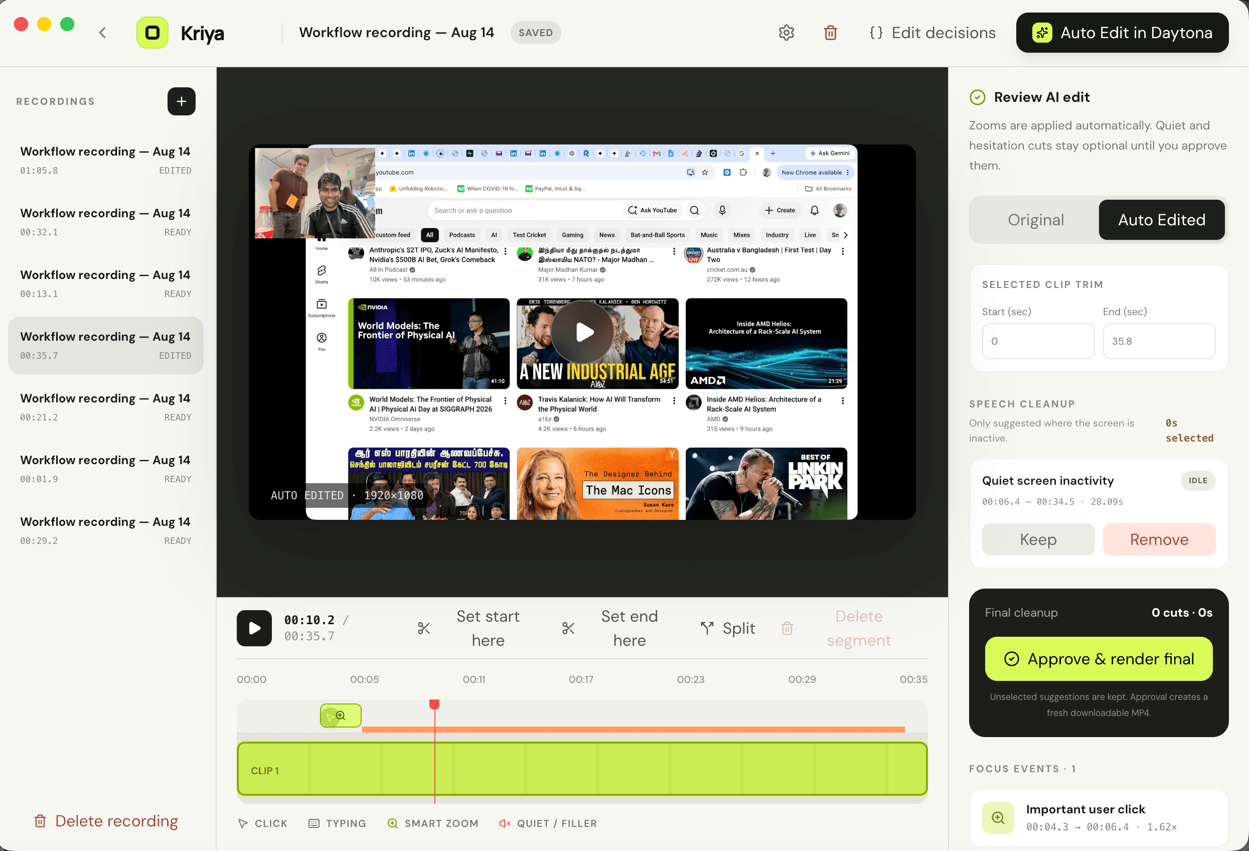 Earlier editor showing AI zooms and a recorded product walkthrough